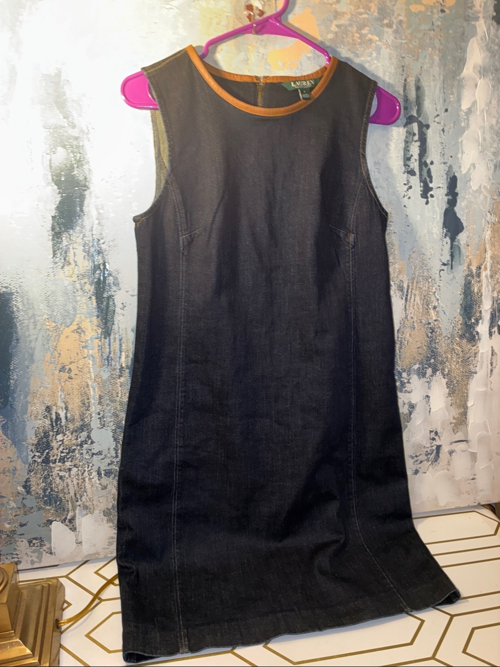 NWOT Lauren Ralph Lauren Black Denim Shift Dress with Genuine Leather  Neck Trim - Picture 4 of 15